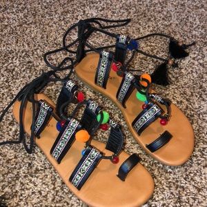 a'gaci Multicolor Pom Pom Sandals